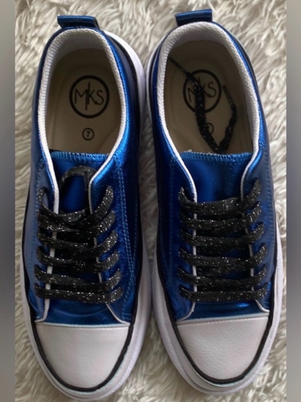 MKS women’s Metallic Blue Low-Top Sneakers with Glitter Laces